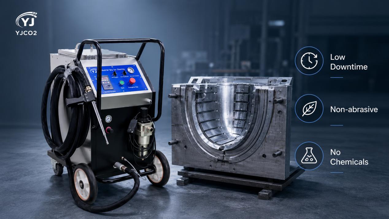 YJCO2 dry ice blasting machine beside a clean tire mold showing low downtime, non-abrasive cleaning, and no chemicals YJCO2 dry ice blasting machine beside a clean tire mold showing low downtime, non-abrasive cleaning, and no chemicals