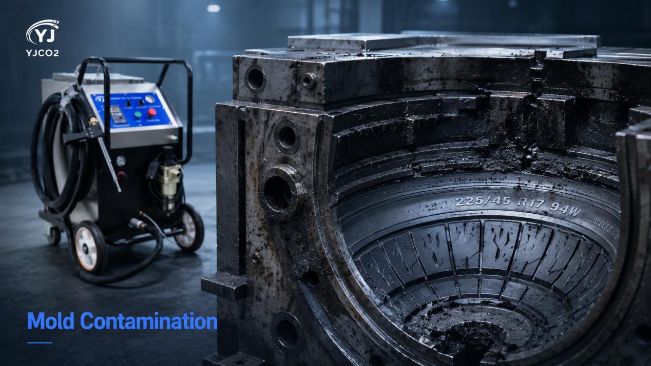 Dirty tire mold with carbon black, release agent residue, and rubber buildup before dry ice blasting cleaning Dirty tire mold with carbon black, release agent residue, and rubber buildup before dry ice blasting cleaning